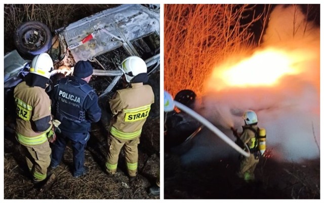 Pożar samochodu w gminie Włocławek. Leżał od soboty po dachowaniu w rowie