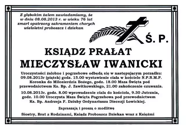 Ks. prałat Mieczysław Iwanicki nie żyje. Zmarł po ciężkiej chorobie. Miał 76 lat