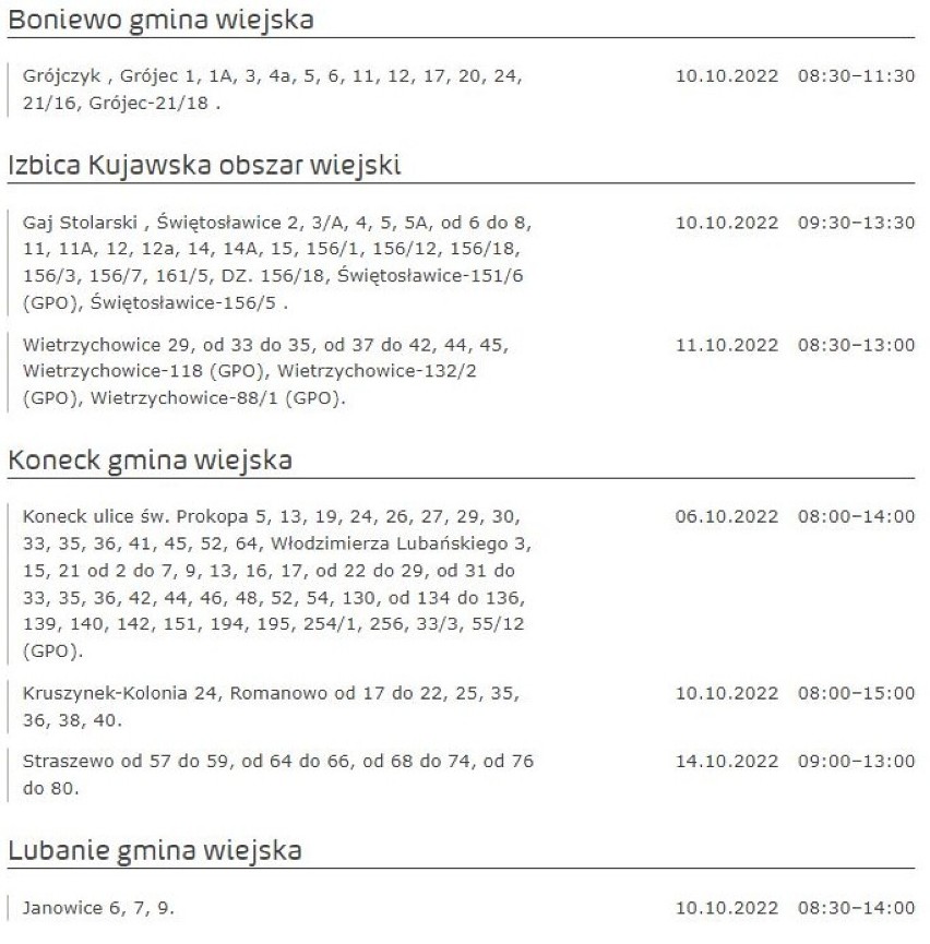 Tu nie będzie prądu w Kujawsko-Pomorskiem [miasta, gminy - 8.10.2022]