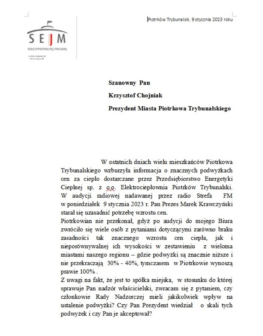 Poseł Cezary Grabarczyk pisze do prezydenta Piotrkowa w sprawie drastycznych podwyżek cen ciepła