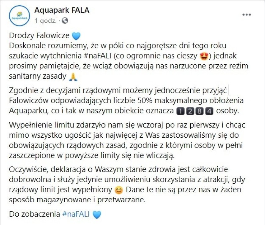 W trwający weekend Aquapark Fala w Łodzi ogłosił, że...