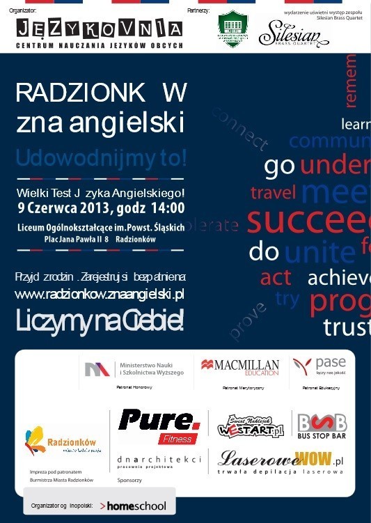 Oficjalny plakat promujący Wielki test Języka Angielskiego w Radzionkowie