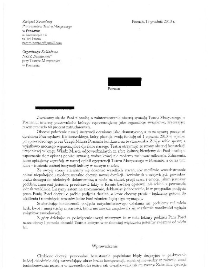 List związkowców w sprawie Teatru Muzycznego w Poznaniu