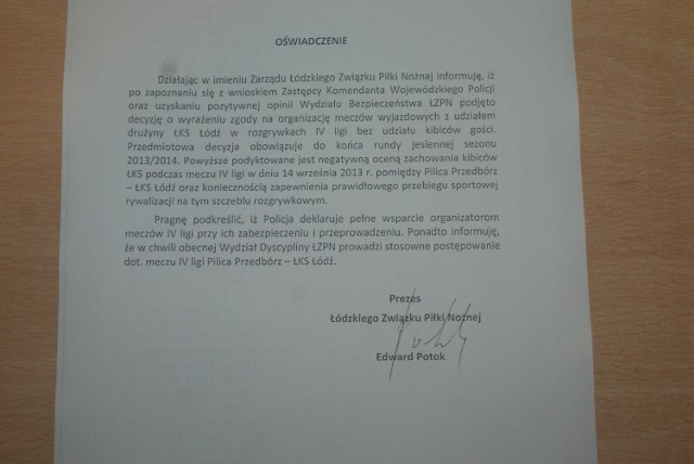Oświadczenie ŁZPN podpisane przez prezesa