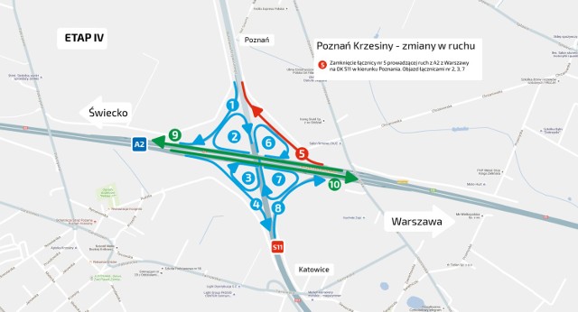 W nocy z niedzieli na poniedziałek na węźle Krzesiny rozpoczeto IV etap prac drogowych.