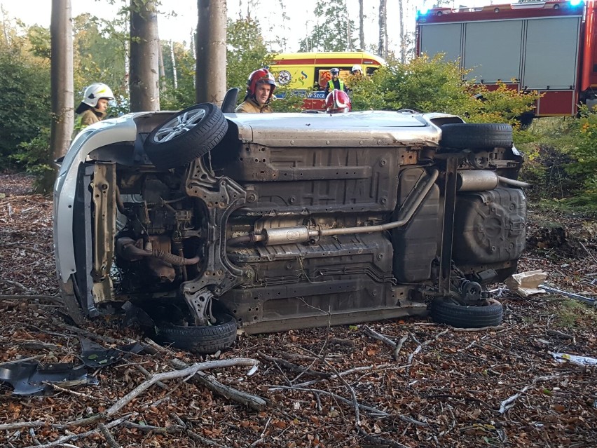 Wypadek na trasie Szczecinek - Barwice. Auto wjechało do lasu [zdjęcia]