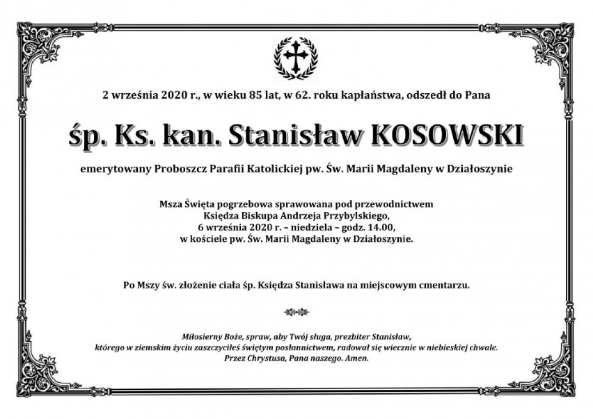 Zmarł ksiądz Stanisław Kosowski, emerytowany proboszcz parafii w Działoszynie, u którego wykryto koronawirusa