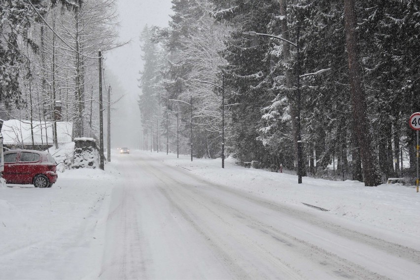 Zakopane znów zasypane. Białe drogi i chodniki. Trudne warunki na drogach 