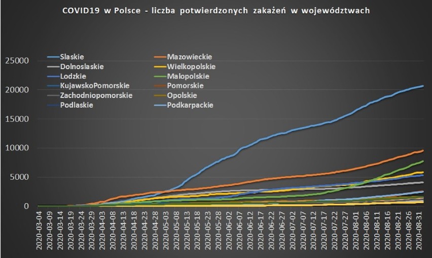 Rzeczywisty i prognozowany przebieg liczby potwierdzonych...