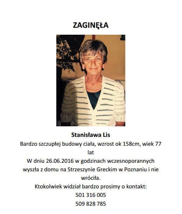 Rodzina zaginionej Stanisławy Lis prosi o kontakt wszystkie osoby, które mogą pomóc w odnalezieniu kobiety.