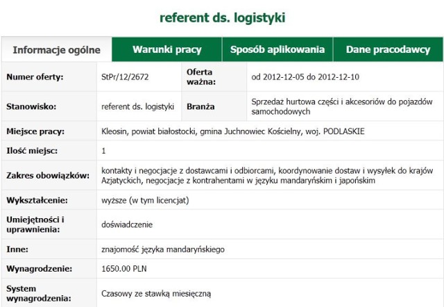 Oferta ze strony internetowej Powiatowego Urzędu Pracy