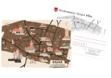 Mapa Książa Wielkopolskiego na okolicznościowej pocztówce. Przygotowana kartka prezentuje charakterystyczne punkty miejscowości