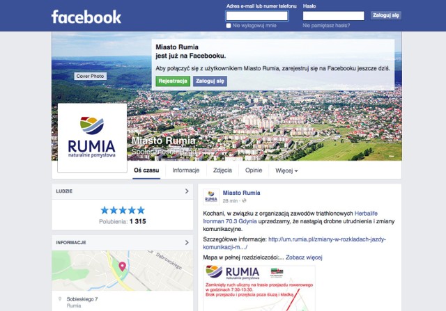 Stronę Rumi można znaleźć m.in. na portalu Facebook. Tam umieszczane są m.in. informacje o bieżących wydarzeniach w mieście, ale także zupełnie niezwiązane z Rumia, np. o pełni księżyca.