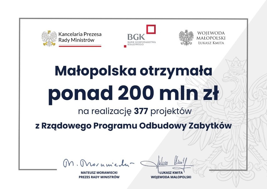 Zabytki w Małopolsce będą odzyskiwać świetność dzięki ponad 200 mln zł z rządowego programu