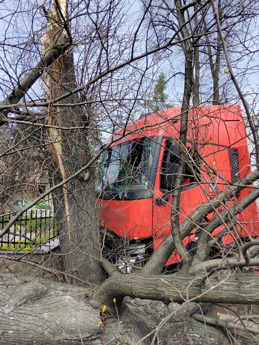 Nowy Sącz wypadek. Na ul. Nawojowskiej kierowca ciężarówki zjechał z drogi i uderzył w drzewo