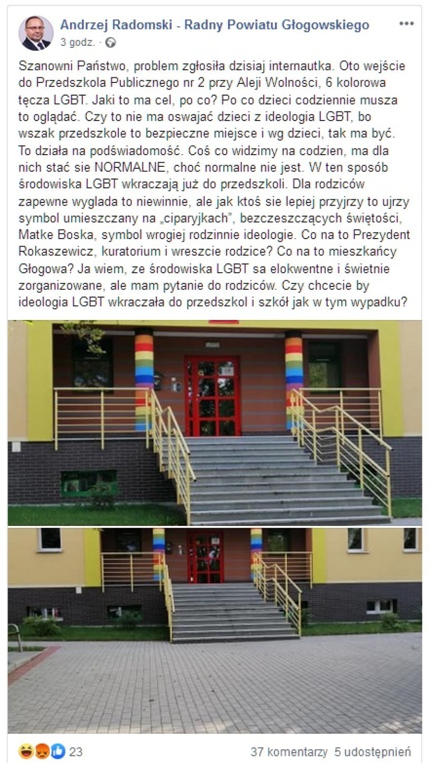 Radny z Głogowa: „Środowiska LGBT wkraczają już do przedszkoli" - Bo przy wejściu są tęczowe kolory