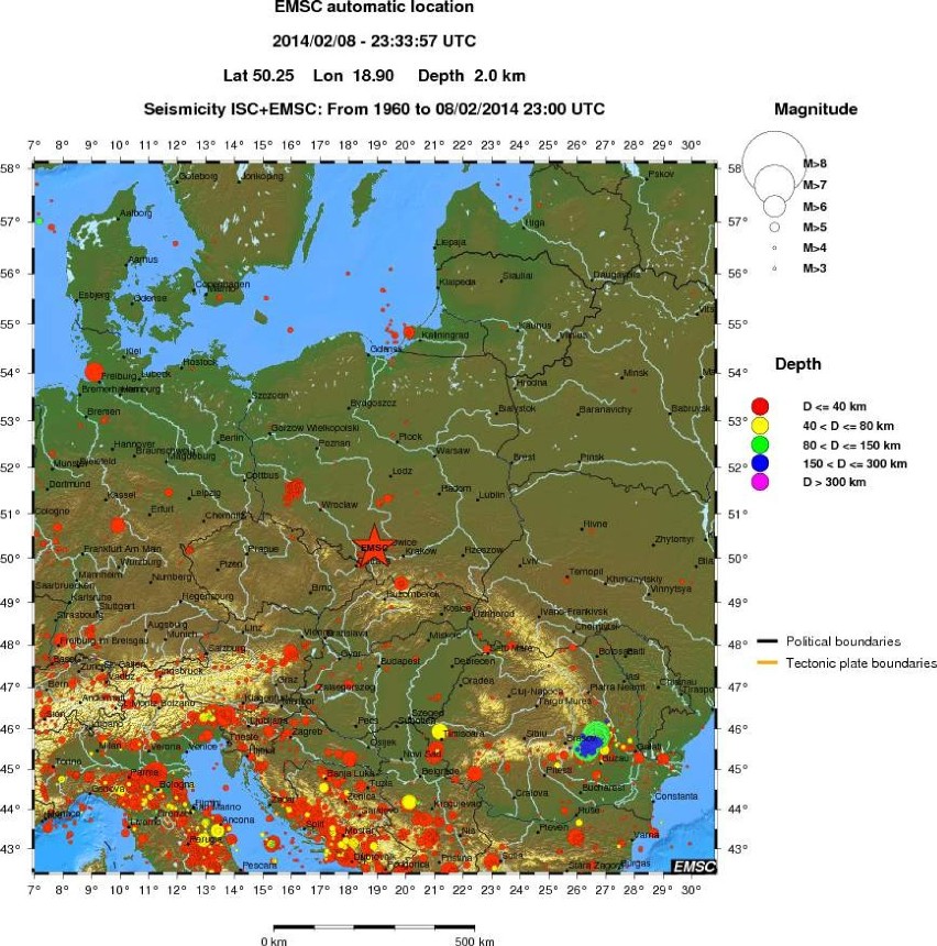 Mapa pokazuje zarejestrowane wstrząsy od 1960 roku do dziś