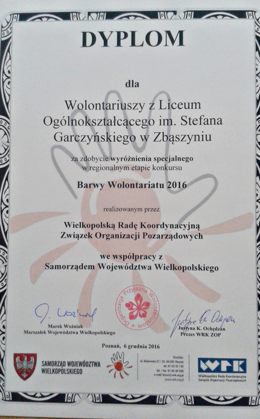 Zbąszyńscy licealiści wyróżnieni w konkursie "Barwy Wolontariatu"