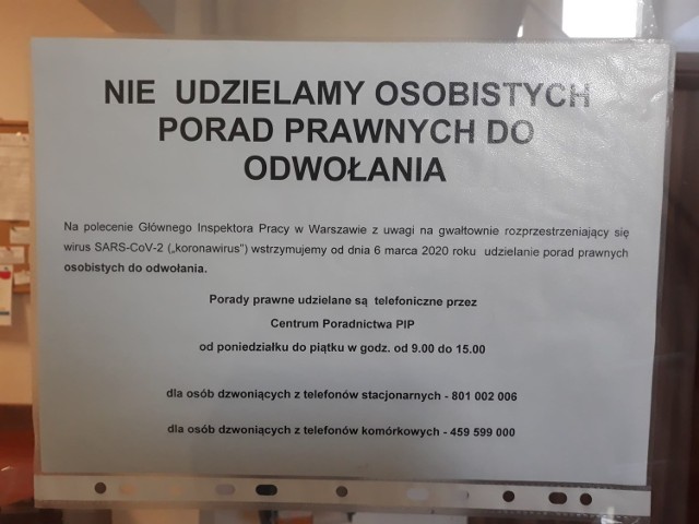 Komunikat pojawił się m.in. w oddziale inspekcji pracy we Włocławku. Okazuje się, że czasowe wstrzymanie osobistych porad obowiązuje we wszystkich innych inspekcjach w Polsce