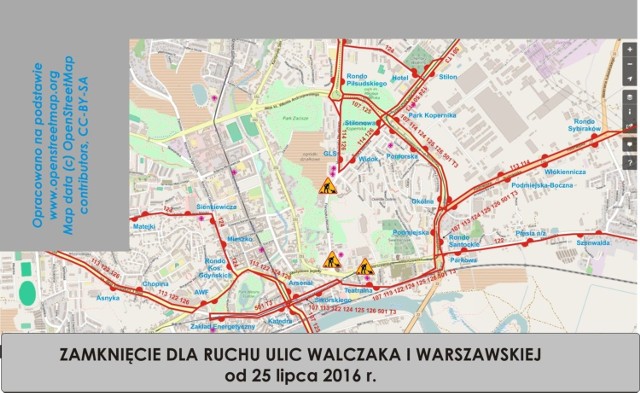 Mapa objazdów i lokalizacji tymczasowych przystanków