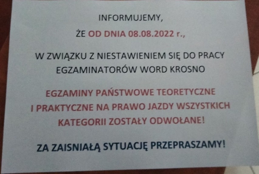 W Krośnie żaden egzaminator nie zgłosił się do pracy.