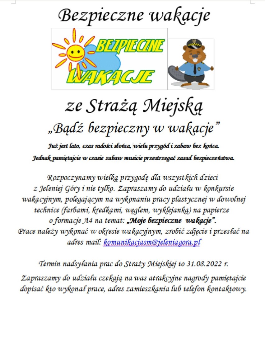 Jeleniogórska Straż Miejska organizuje konkurs "Bezpieczne wakacje"