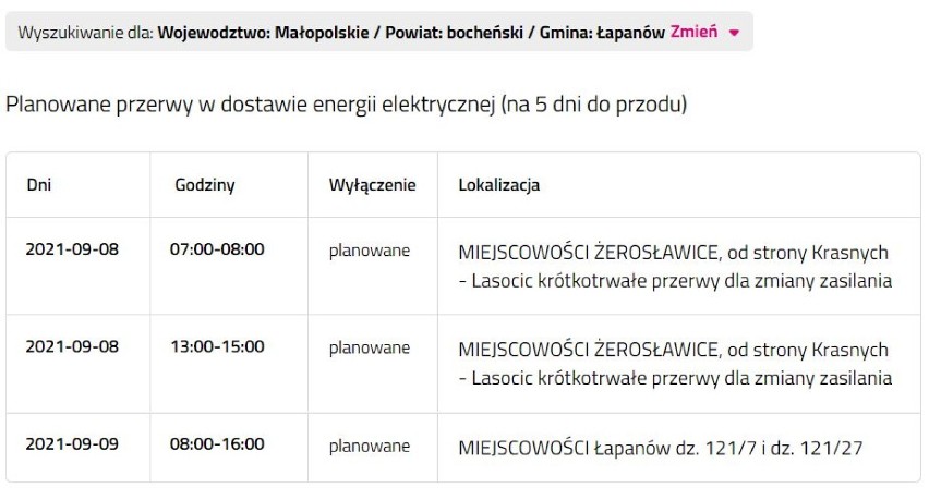 Wyłączenia prądu w powiecie bocheńskim i brzeskim, 6.09.2021