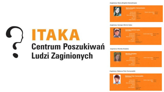 Pomóż nam ich odnaleźć – przejrzyj bazę, wydrukuj plakat oraz powiadom fundacje ITAKA, jeśli posiadasz informacje na temat kogoś z nich. Może mijasz zaginioną osobę na ulicy lub spotkałeś ją w autobusie, metrze lub na przejściu dla pieszych?

Warto być uważnym wszędzie gdzie przebywasz, także jeśli jesteś poza Polską. W bazie osób zaginionych znajdują się wizerunki i dane osób zaginionych, których zaginięcie zostało zgłoszone odpowiednim służbom na terenie naszego kraju bądź zagranicą oraz Fundacji ITAKA.



