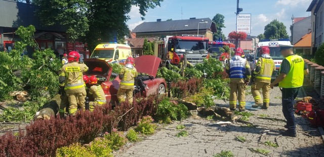 Drzewo runęło na samochód na ul. Dworcowej w poniedziałek 28 czerwca. Ranne zostały 44-letnia kobieta i jej 17-letnia córka