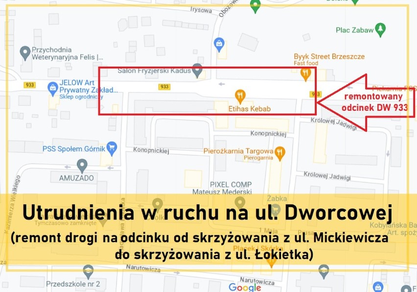 Mapka z zaznaczonym odcinkiem ul. Dworcowej w Brzeszczach,...