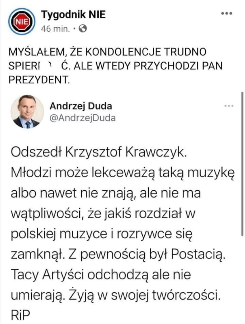 Internet komentuje wpis Andrzeja Dudy. Krzysztofa Krawczyka...