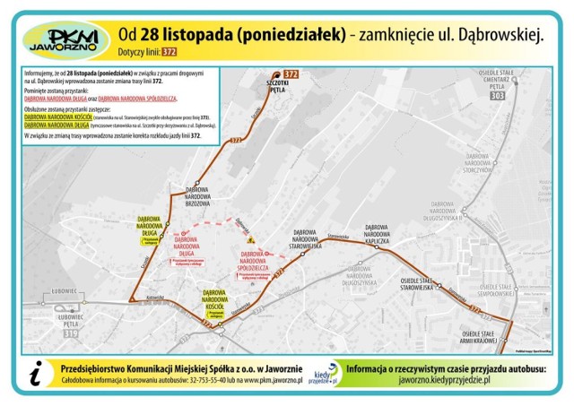 W związku z pracami na drodze i zamknięciem ulicy Dąbrowskiej, począwszy od poniedziałku 28 listopada PKM Jaworzno wprowadza zmiany na trasie linii 372.