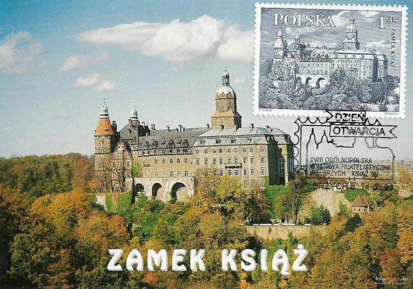 Wystawa filatelistyczna – zamek Książ na widokówce, znaczku...
