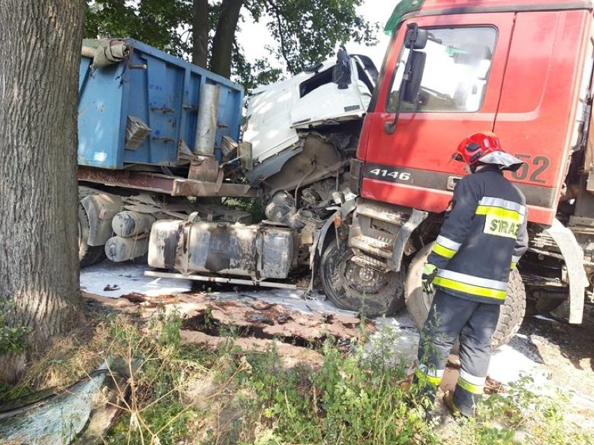 Wypadek dwóch tirów. Zderzyły się czołowo. Kierowcy mieli dużo szczęścia! [ZDJĘCIA]