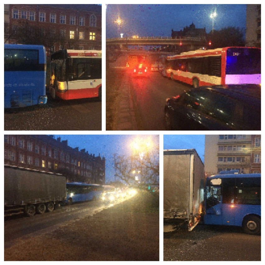 Wypadek na Okopowej w Gdańsku. Zderzyły się dwa autobusy i ciężarówka 