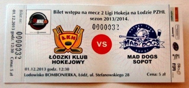 Bilet na mecz II Ligi Hokeja na Lodzie Ł&oacute;dzki Klub Hokejowy - Mad Dogs Sopot.
Fot. Mariusz Reczulski