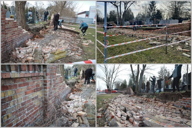 Tak wygląda uszkodzone ogrodzenie cmentarza komunalnego we Włocławku, 17 marca 2023 roku.