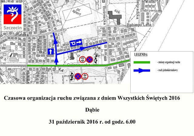 Zmiany w organizacji ruchu

Wprowadzenie organizacji ruchu od dnia 29 października 2016 r. od godz. 8:00 przewidziane jest dla niżej wymienionych ulic:


ul. Karola Miarki, ul. Piękna (wprowadzenie ruchu jednokierunkowego), ul. Ku Słońcu (w zakresie umieszczenia zakazów zatrzymywania z czasowym wyłączeniem pojazdów zaopatrzenia, przeniesienia postoju taxi na ul. Piękną, wyłączenia drogi dla rowerów),

ul. Mieszka I (zamknięcie dodatkowych pasów do skrętu w prawo i w lewo w obrębie skrzyżowań z ul. Milczańską i ul. Białowieską, wprowadzenie ograniczeń obowiązującej dopuszczalnej prędkości oraz wygrodzeniem pasów dzielących jezdnię). 

Wprowadzenie organizacji ruchu od dnia 31 października 2016 r. od godz. 6:00 w obrębie ulic: Goleniowska, Bośniacka, Czarnogórska, Jugosłowiańska, Kostrzyńska, Rumuńska, Toruńska.

Wprowadzenie organizacji ruchu od dnia 31 października 2016 r. od godz. 10:00 w zakresie wyłączenia z ruchu południowej jezdni ul. Ku Słońcu.

Wprowadzenie organizacji ruchu od dnia 1 listopada 2016 r. od godz. 6:00 w zakresie wyłączenia północnej jezdni ul. Ku Słońcu, ograniczeń w ruchu w ciągu ulic: Karola Miarki, Piękna, Santocka, Świerczewska, Zielonogórska oraz Dworska, Krzywa, Gajowa, pl. Słowińców, oraz pozostałych ograniczeń w ruchu w ciągu ul. Poległych, Wzgórze i Pokoju.
Termin przywrócenia stałej organizacji ruchu

Od dnia 1 listopada 2016 r. od godz. 22:00 do dnia 2 listopada 2016 r. do godz. 5:00.

W zależności od natężenia ruchu przywrócenie stałej organizacji ruchu może nastąpić w terminie wcześniejszym na wniosek Wydziału Ruchu Drogowego Komendy Miejskiej Policji w Szczecinie.

Pozostałe informacje

Informujemy, że w dniach 29-30 października 2016 r. zaopatrywanie punktów handlowych w ciągu południowej jezdni ul. Ku Słońcu odbywać się będzie tylko w określonych godzinach, tj. 12:00-13:00 i 16:00-10:00, wyłącznie na czas 15 minut.

W dniu 31 października 2016 r. od godz. 10:00 i 1 listopada 2016 r. wjazd na południową jezdnię tylko na podstawie wydanych przez ZUK przepustek.

1 listopada 2016 r. wjazd w ciąg północnej jezdni ul. Ku Słońcu tylko dla mieszkańców posiadających udokumentowany meldunek.
Dąbie i Zdroje

Zmiany w Dąbiu nastąpią 31 października 2016 r. od godz. 6:00.

W Zdrojach 1 listopada 2016 r. od godz. 6:00 zamykana jest tylko ul. Poległych od ul. Walecznych do Cedrowej.