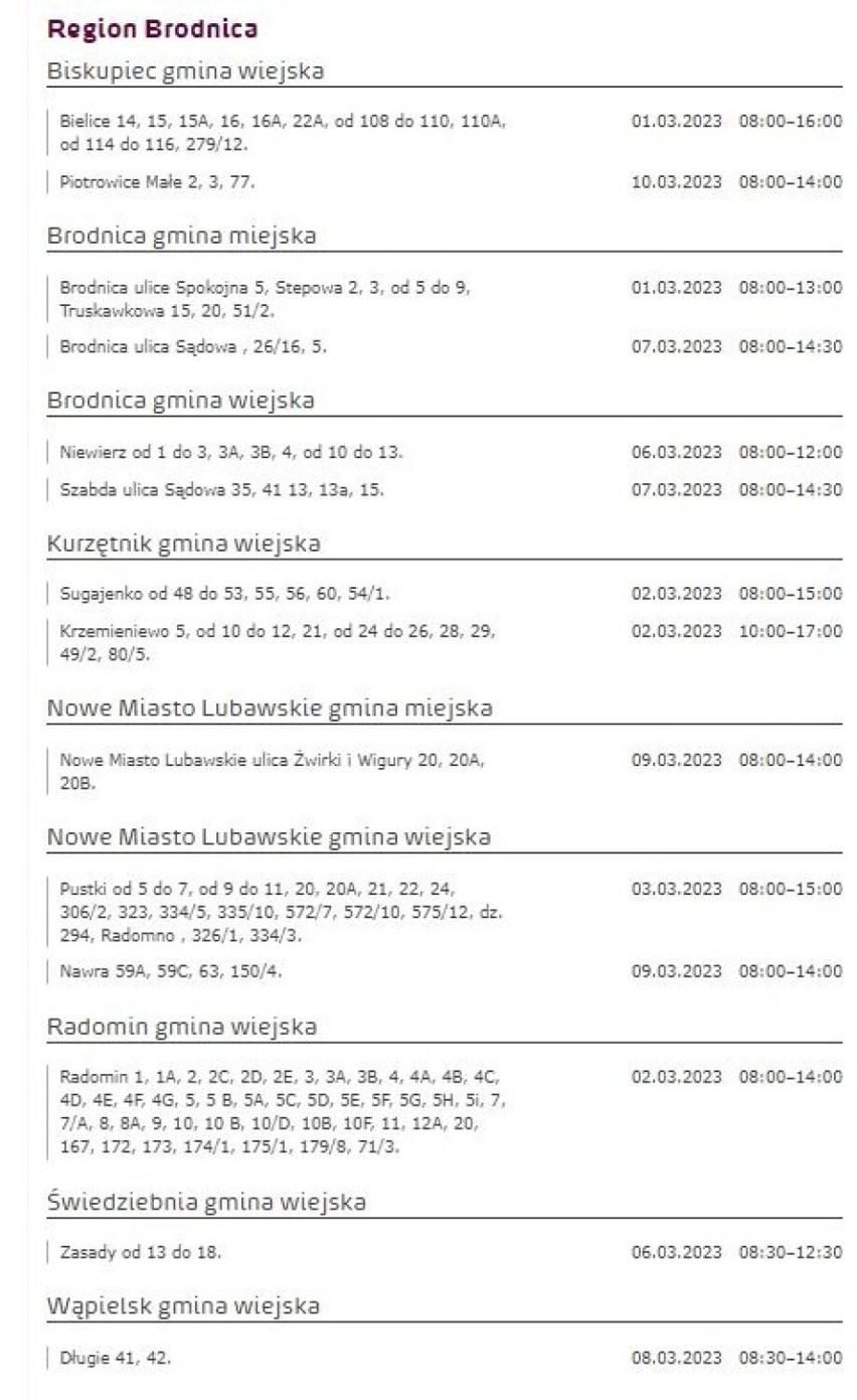 Tu nie będzie prądu w Kujawsko-Pomorskiem [miasta, gminy - 4.03.2023]