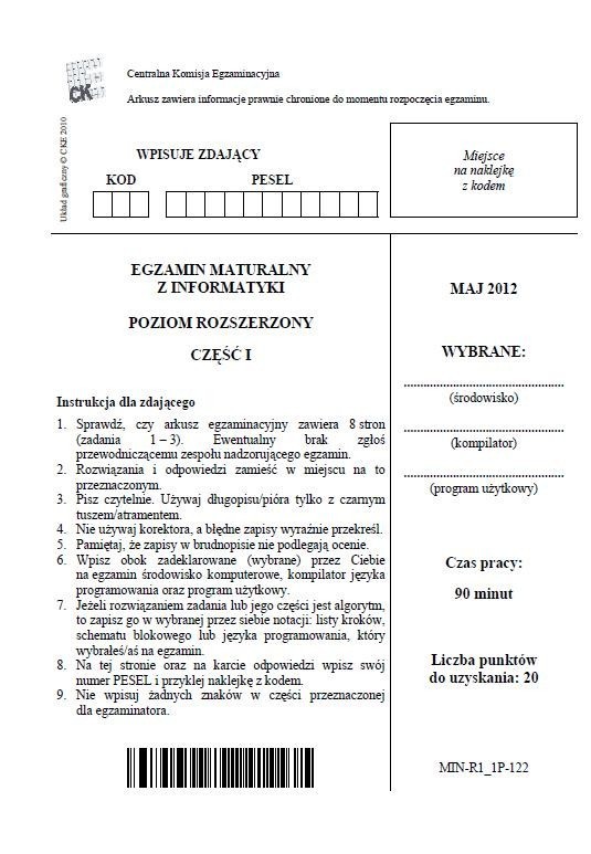 Matura 2012: informatyka - poziom rozszerzony. Cz. I [ARKUSZE]