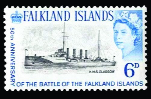 Znaczek wydany w 1964 r. z okazji 50. rocznicy bitwy pod  Falklandami. Dziś kosztuje ok. 120 tys. zł