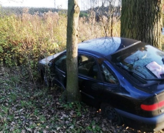 Samochód utknął pomiędzy dwoma drzewami.