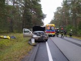 Wypadek we Fryszerce między Inowłodzem a Poświętnem. Czołowe zderzenie dwóch samochodów. Jedna osoba ranna [ZDJĘCIA]