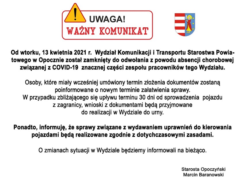 Koronawirus w powiecie opoczyńskim. Zamknięty wydział komunikacji w starostwie