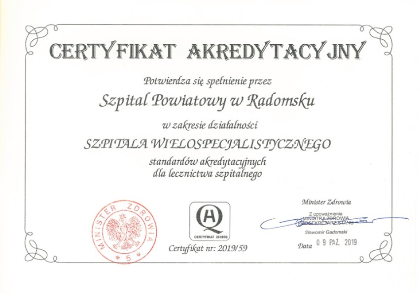 Certyfikat Akredytacyjny szpitala wielospecjalistycznego dla Szpitala Powiatowego w Radomsku