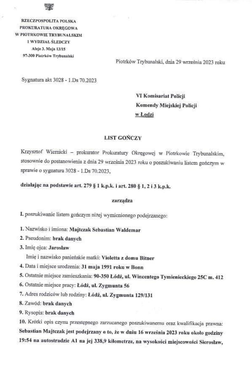 List gończy za kierowcą bmw biorącym udział w wypadku na A1 w Sierosławiu. Prokuratura upubliczniła jego wizerunek