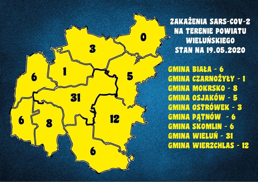 Mapa zarażeń koronawirusem w powiecie wieluńskim z podziałem na poszczególne gminy [19.05]
