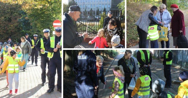 Dzieci z "Przedszkola w Parku" wraz z policjantami z Lipna wręczali odblaski przechodniom
