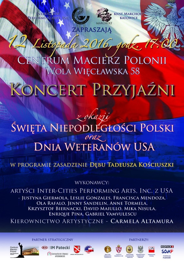 Plakat Koncertu Przyjaźni z okazji Święta Niepodległości Polski oraz dnia Weteranów USA