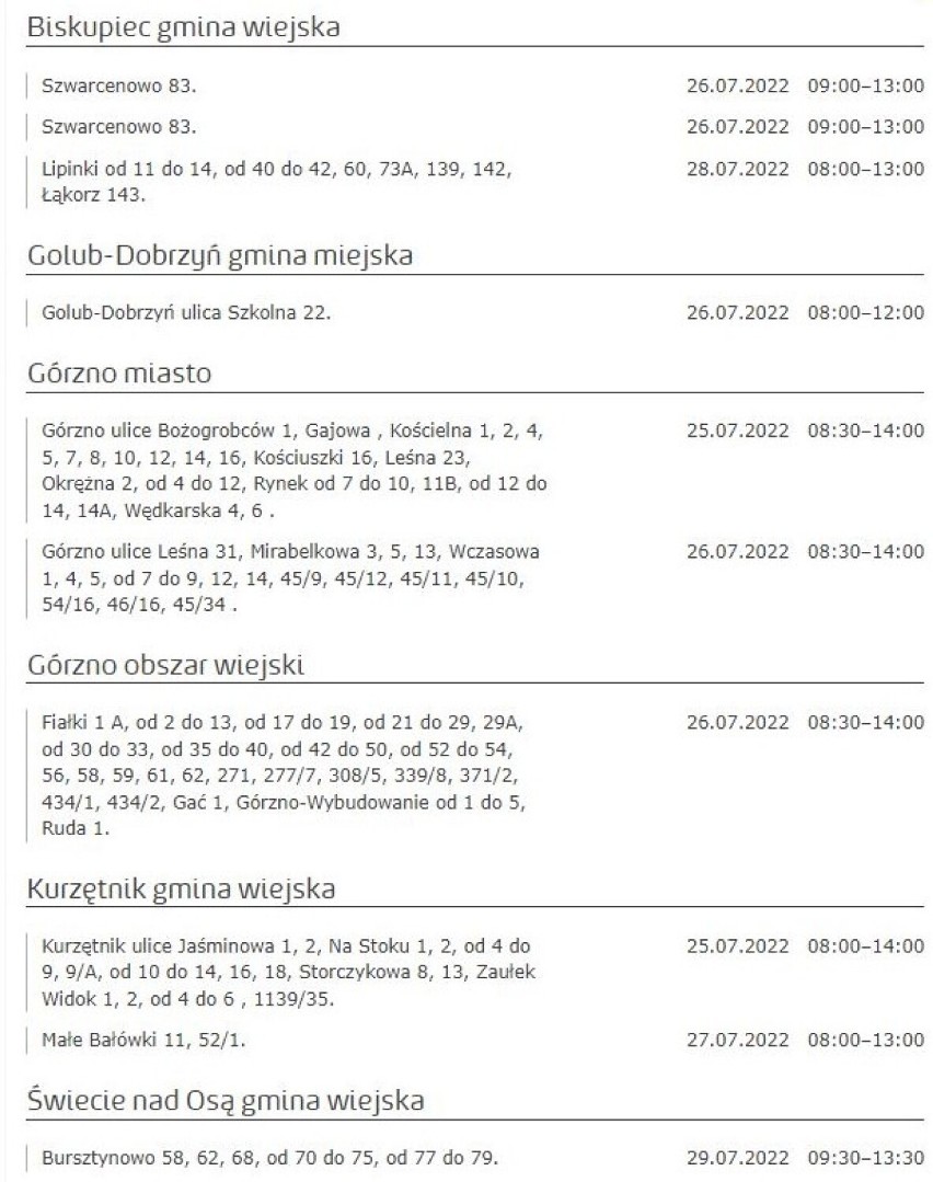 Tu nie będzie prądu w Kujawsko-Pomorskiem [miasta, gminy - 27.07.2022]